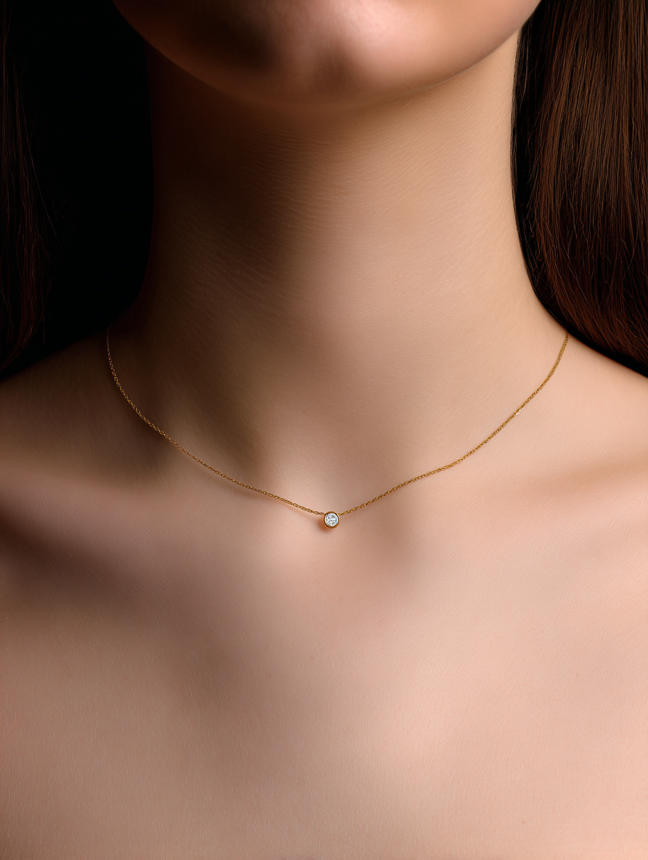 close-up of a girl wearing a fine gold necklace with a bezel set diamond