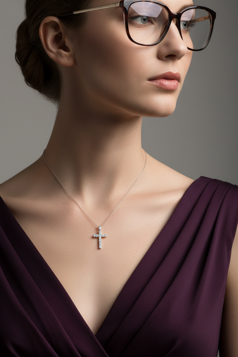 ultra realistic close up european large glasses ukrainian model evening luxury dress looking right, very very small cross necklace with thin metal chain in the middle product photo wearing a very small tiny diamond cross necklace on a background studio photoshoot with 11 round diamonds in white gold